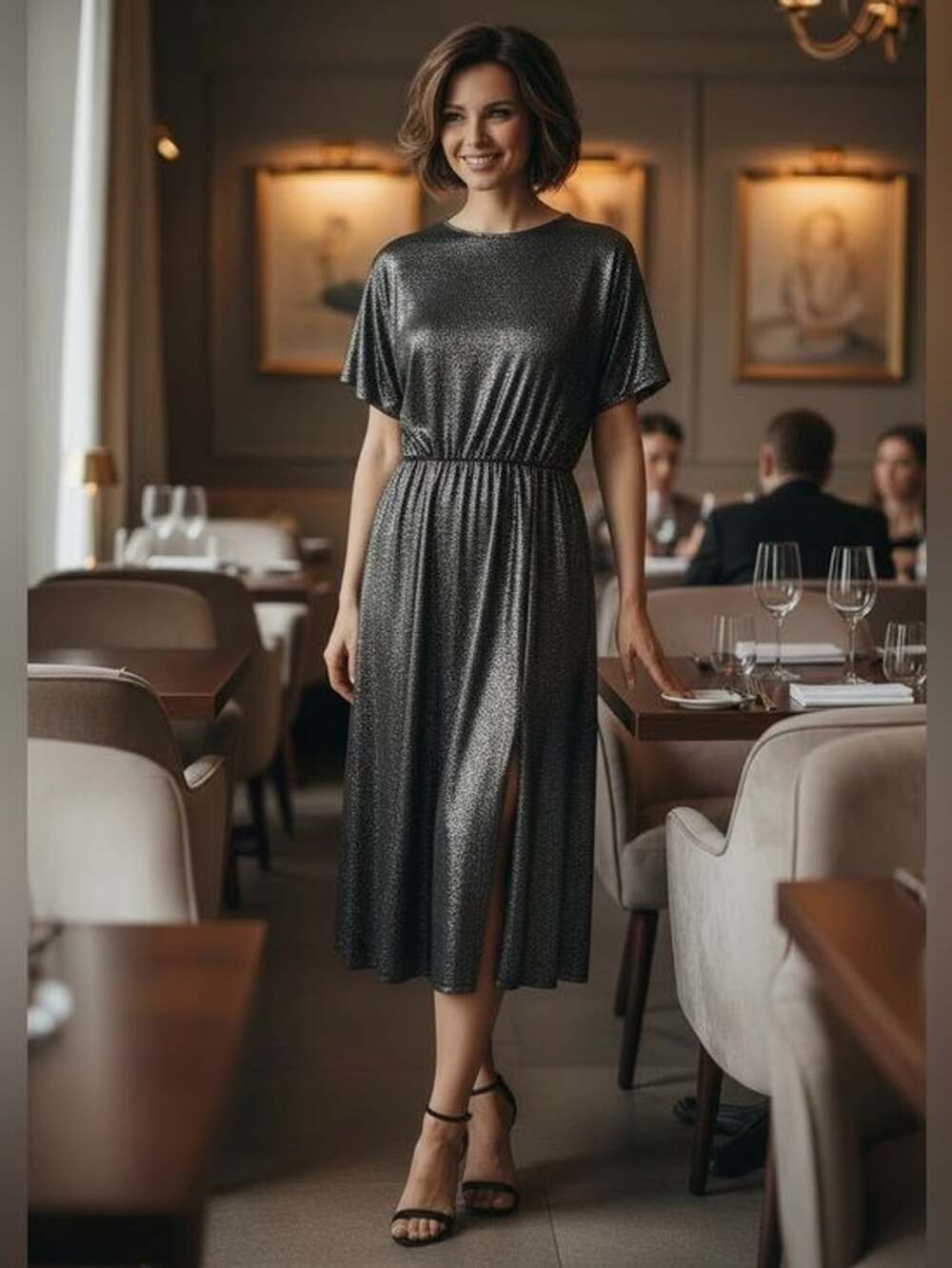 Donna Morgan Silver Metallic Black Midi Dress with Front Side Slit NWT Size 10